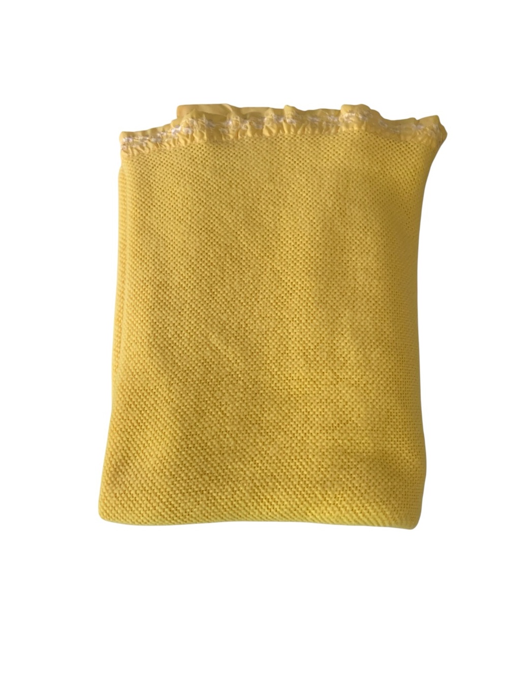 Vintage Sears Waffle Weave Nylon Floral Satin Trim Yellow Blanket